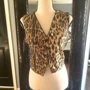 Leopard Print Sequin Buttoned Vest